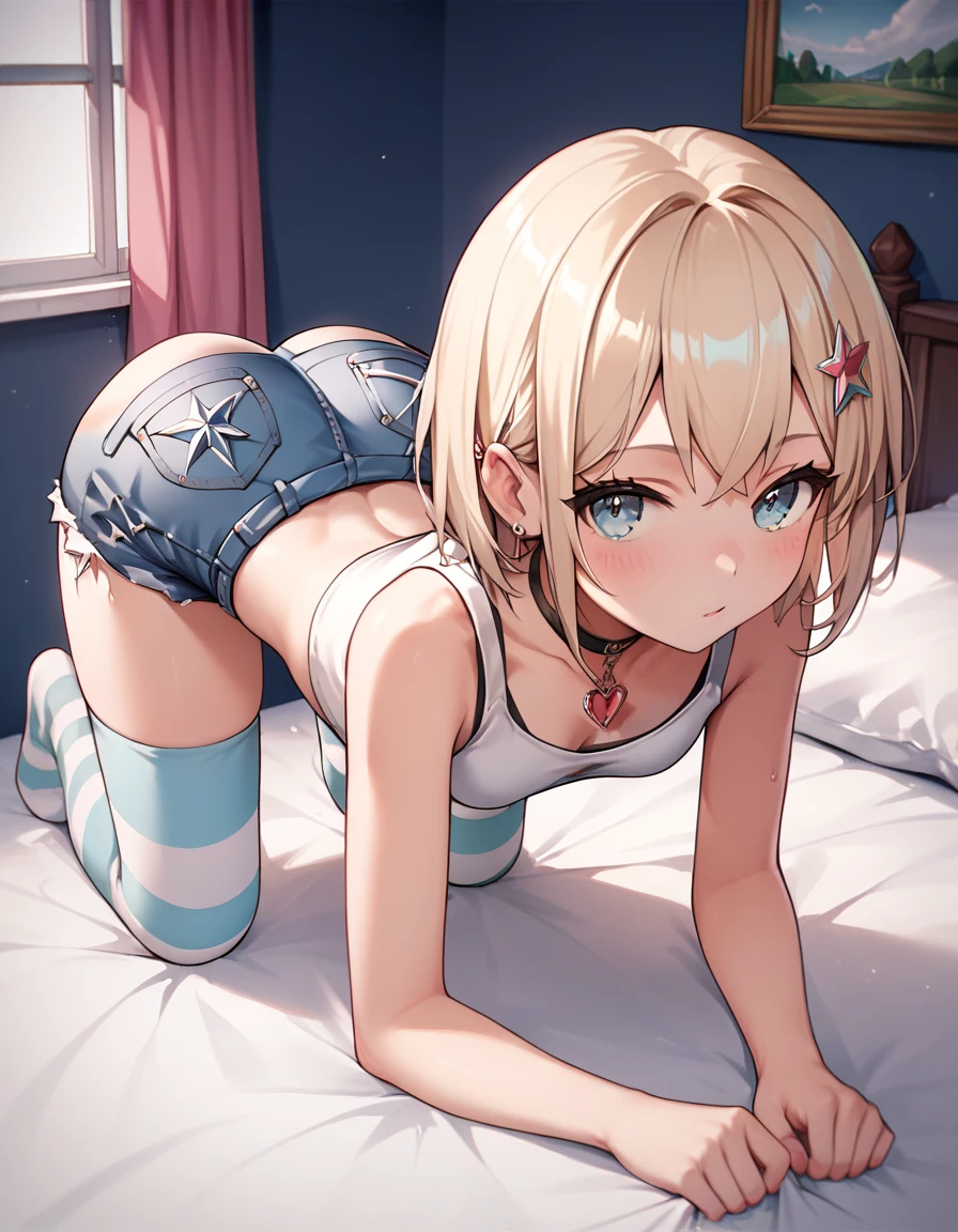 score_9, score_8_up, score_7_up, score_6_up, rating_safe, (masterpiece, best quality), 1girl, small breasts, small hips, crop top, denim shorts, bedroom, striped thighhighs, pervert, ass, on all fours,