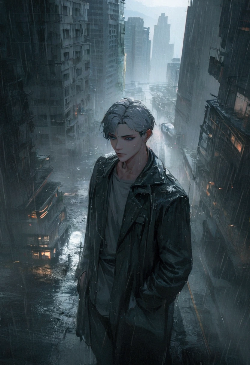 Make an epic anime cover poster with the young man in dark dystopian era, dystopian, anime, manhua, cyberpunk, violent, 4D, Ultra create,(8K, RAW photos, best quality, masterpiece: 1.4), (((Boy in the rain)))，Ultra-high resolution, Extremely detailed, light, handsome boy, black eyes, (delicate eyes, Eyes are bright:1.2), Gray short hair, Fair skin,dark,(perfect anatomy:1.2), High-quality shadows, Natural Lighting, (White highlights:1.2), night, rainy day, (Four-story residential building in green moses:1.2), (dystopian city in rain:1.2)