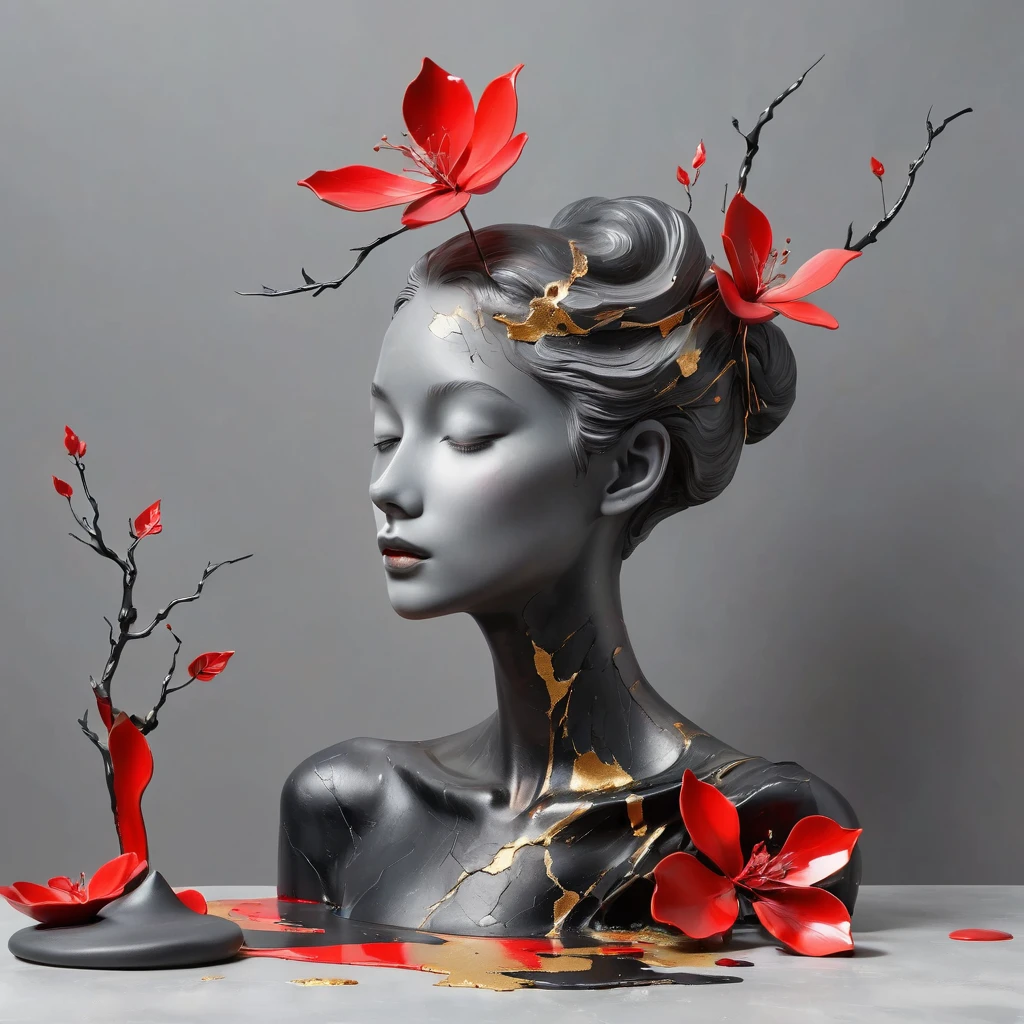 ((exhibition, woman, Still life table, Art statues, 3D sculpture, Colored ceramics, Surface cracks, Broken texture)), mercy, thin neck, Show the beauty of nature. Black and red theme, Kane, gold powder, This work is presented on a gray background.., art, Highlight its artistic qualities. Ray tracing, style, beautiful,