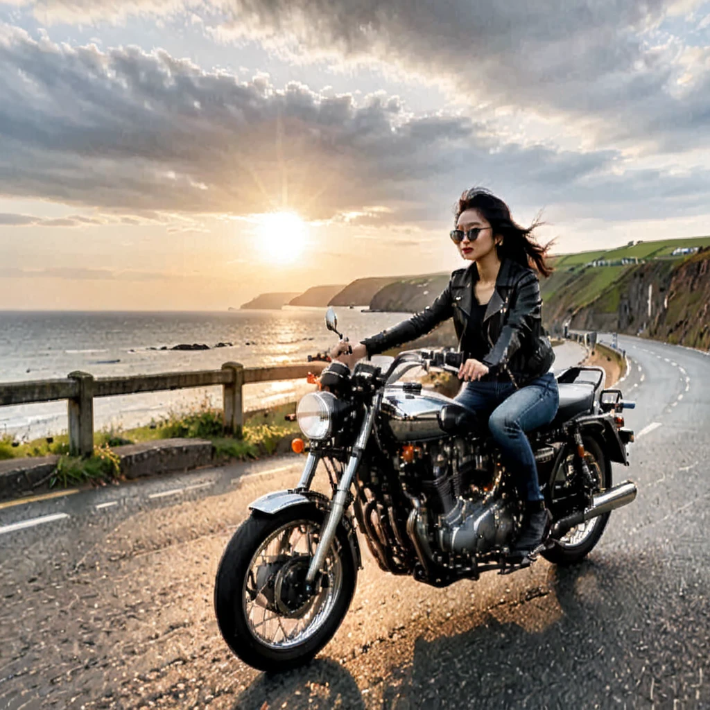 (Backlight:1.4)、(The motorcycle and rider are silhouetted in the setting sun.:1.4)、(The sun sets:1.2)、(Ride a classic motorcycle:1.2 )、(Vintage Bikes、Bluff Superior SS100)、Beautiful young Japanese woman、Beautiful Face, Black Hair, Short Bob Hair, Red classic leather jacket、sunglasses、(Accurate motorcycle shape)、(Photograph the entire motorcycle:1.2)、 BREAK Coastal road with ocean view、After the Rain、British coastal scenery、Blur the background、Artistic photography、Motion Blur、Realistic、High Contrast、(Highest quality, masterpiece, High resolution)、8k、wallpaper、