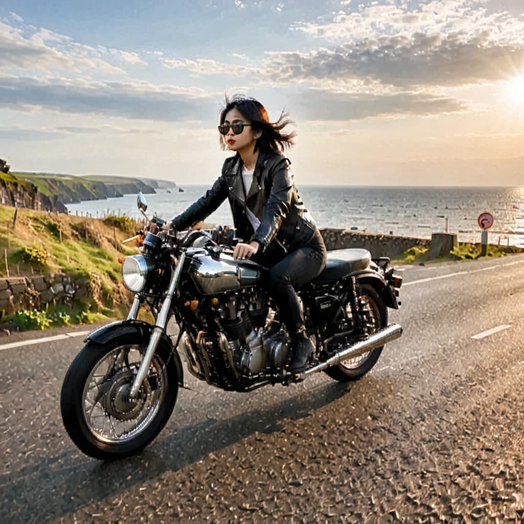 (Backlight:1.4)、(The motorcycle and rider are silhouetted in the setting sun.:1.4)、(The sun sets:1.2)、(Ride a classic motorcycle:1.2 )、(Vintage Bikes、Bluff Superior SS100)、Beautiful young Japanese woman、Beautiful Face, Black Hair, Short Bob Hair, Red classic leather jacket、sunglasses、(Accurate motorcycle shape)、(Photograph the entire motorcycle:1.2)、 BREAK Coastal road with ocean view、After the Rain、British coastal scenery、Blur the background、Artistic photography、Motion Blur、Realistic、High Contrast、(Highest quality, masterpiece, High resolution)、8k、wallpaper、