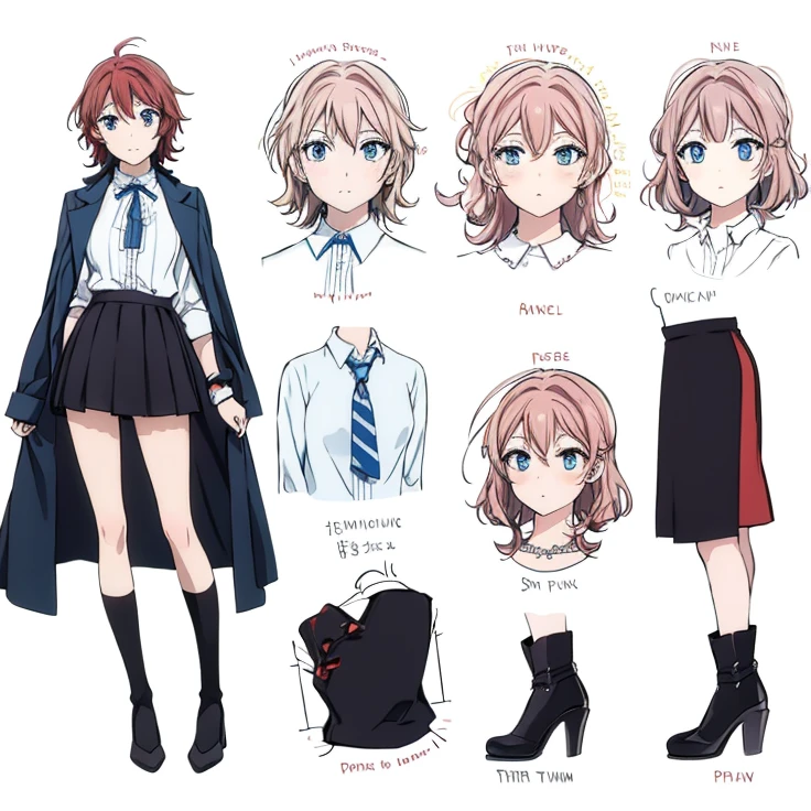 design features, short brownish red hair, white blouse, gray skirt, blue eyes, black stockings and brown heels.