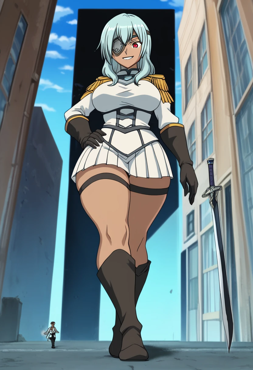 ultra-detailed, detailed face, detailed eyes, retro anime style, cartoon style, front view, from bottom, low angle, powerful shot, powerful effects, dynamic effects, dynamic shot, 

athletic curvy physique, inverted body type, attractive feminine curves, big breasts, curvy legs and arms, feminine curvy figure, (thick thighs, thick calves, thick voluptuous legs, big curvy hip, bare knees, bare thighs), ((style of plump voluptuous body)), plump thighs, plump calves,

black calf boots, leather lace boots, white dress armor, gold metal epaulettes, navy pleated mini skirt, black elbow length gloves, leather gloves, 

light blue long hair, red glowing eye, dark skin, dark-skinned male, eyepatch, (SuperQuality:1.0) ~ (SuperQuality:1.2), 

1 beautiful giant boy who is a brilliant knight, looking down with evil smile, (elegantly walking on road between buildings, chasing small people around his steps, looking down people around his foot, put hand on hip, holding long sword in another hand, crossed legs, size difference), rampage, corrupted city, destroyed buildings, corrupted buildings, scattered rubble around his feet, cracks on the road she walked along, trampling tiny human with his foot, trampled human, dusts rolled up every she steps, overwhelming, terrible, 

building size, david,