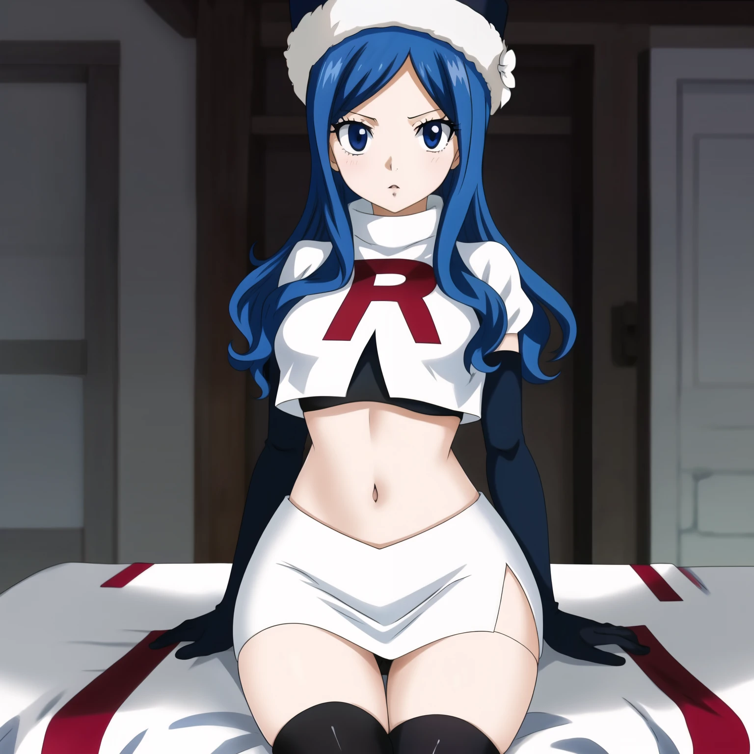 Juvia Lockser, Fairy Tail, team rocket uniform, red letter R, white skirt,white crop top,black thigh-high boots, black elbow gloves, sexy poses, perfect hand, chapeau bleu