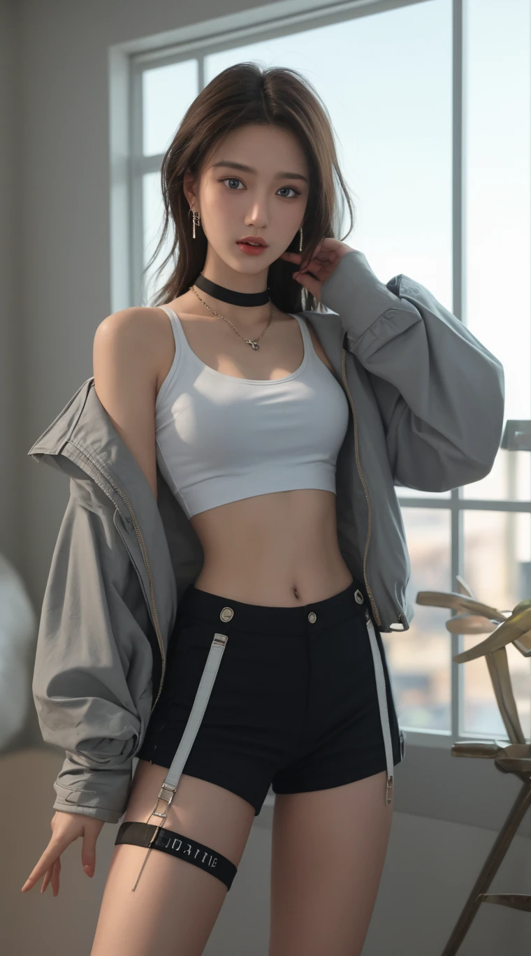 lifelike, high resolution, 1 female, adult, alone, look at the audience, (Detailed face), short hair, high ponytail, oversized clothes, mini skirt, off shoulders, Navel exposed, short hem,