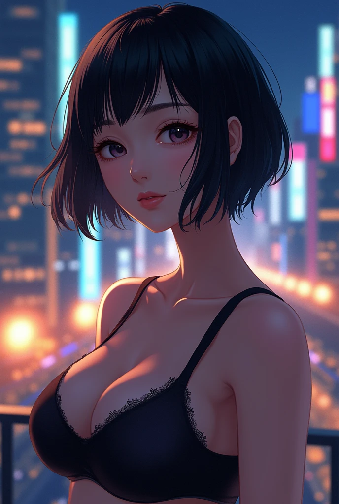 a 20 yo woman、(masterpiece:1.4)、(top-quality:1.4)、(Real Face:1.2)、(real looking skin:1.1)、超A high resolution、high detailing、Black hair short bob、a necklace、耳环、Black dress、(huge-breasted:1.4)、Looks Back、Rear view、a smile、On the rooftop、natta、huge moon