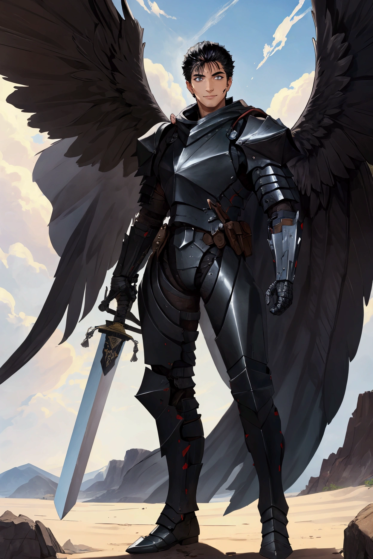 1man, (adult face),adult,black hair,short hair,scar in eye,black eye, serious face, smile, armor, angel, angel wings,war field,standing, looking at viewer,holding a claymore, holding a big sword, masterpiece,extremely detailed CG unity 8k wallpaper, best quality,8K,focus sharp, sharp face, (detailed face:1.3), full body picuter