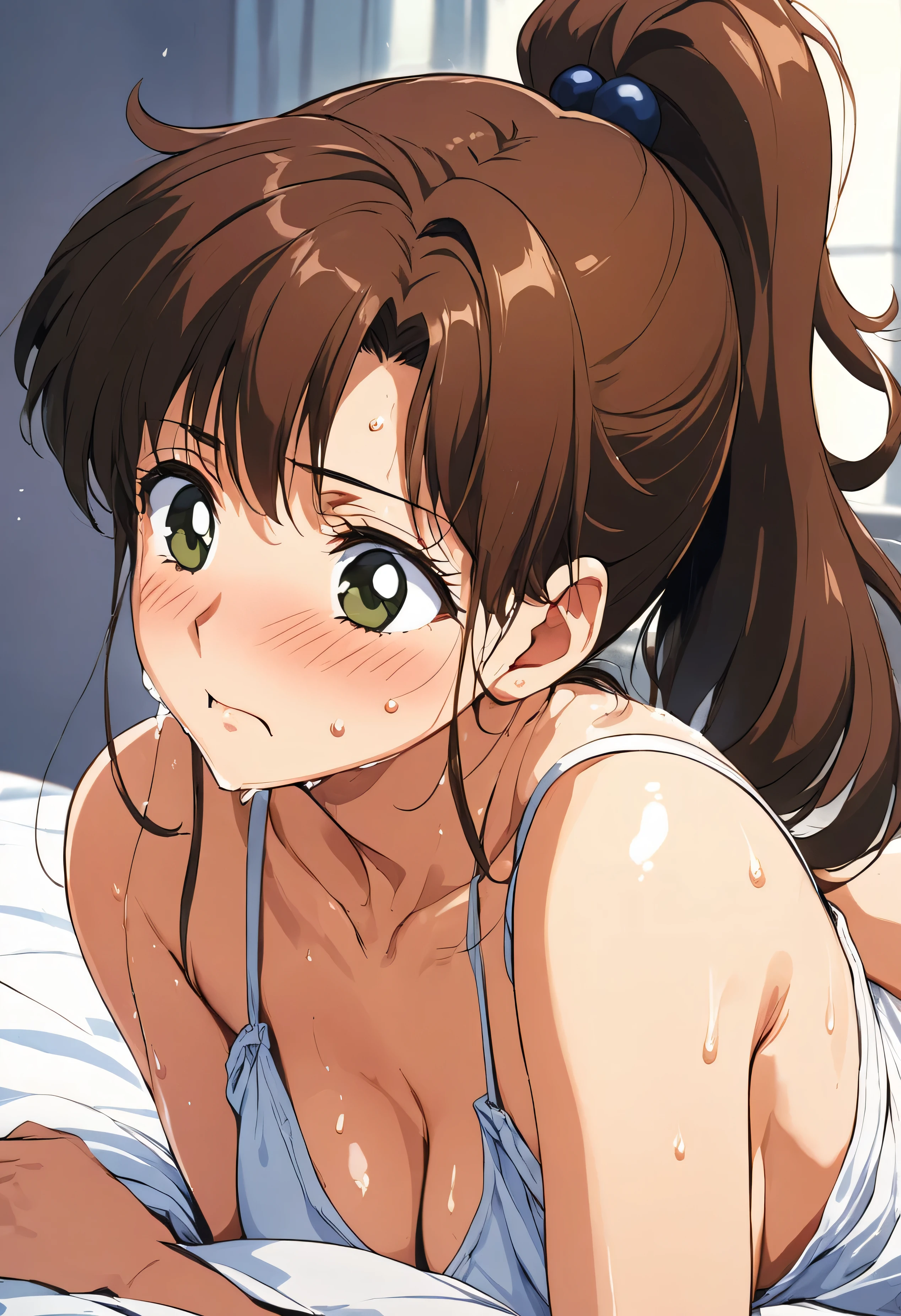 masterpiece, Highest quality, High resolution, (Makoto Kino),1990s \(style\),height: 175cm, Brown long hair,ponytail、 sexyな長い脚, Oversized camisole,No bra,Shorts, Bedroom,(E-cup beautiful breasts)、Sweating all over the body、Muscular、(sexy)、(Face writhing in pleasure)、Sweaty、Configuration from the front、Shyness、blush、(Shy)、look up,Anime-style painting style,Composition focusing on the upper body、Face down