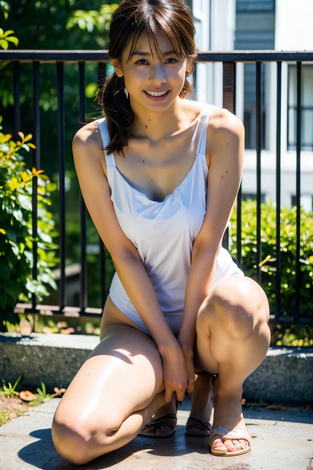 Barefoot Japanese adult woman wearing a tank top、garden、Natural light only