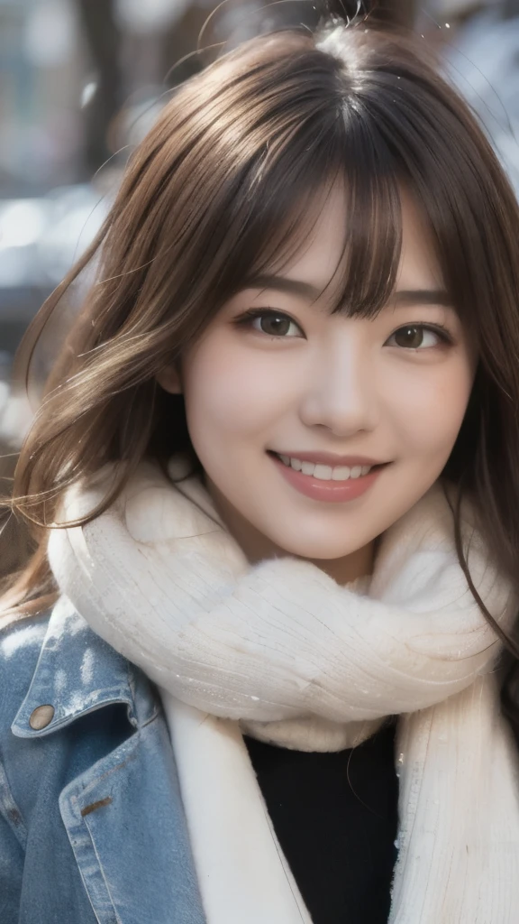 8k,Highest quality,(masterpiece:1.2),(Realistic),(Realistic:1.37),Ultra-high resolution,1 female college student,smile,Wavy Hair,Beautiful Eyes,Beautiful teeth alignment, snow falls in town,(((Winter clothes))),Big Breasts,Perfect body,Perfect Fingers,Professional Lighting,gravure,Detailed face and skin texture,fine grain,RAW Photos