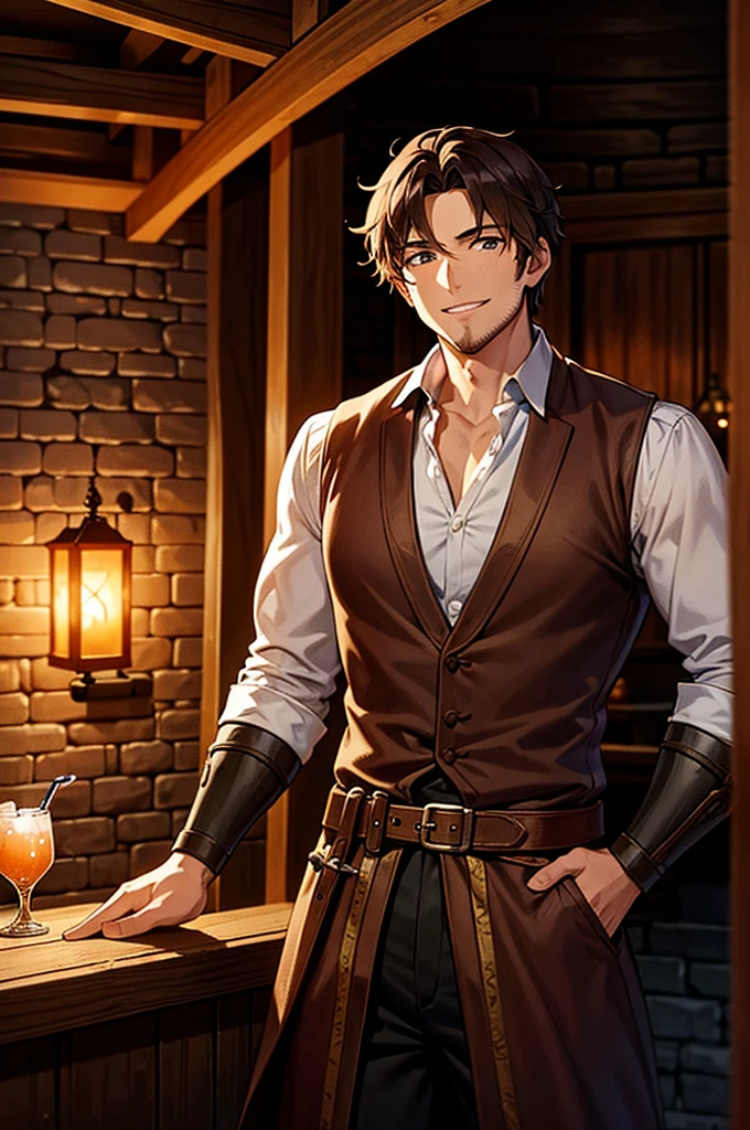 Late Night　A magnificent medieval tavern　A 30-year-old male adventurer smiles as he waits for his friend to return with his drink.　Vision　One person