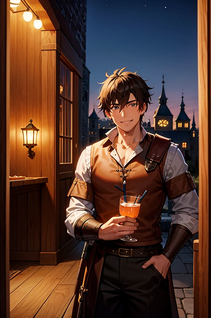 Late Night　A magnificent medieval tavern　A 30-year-old male adventurer smiles as he waits for his friend to return with his drink.　Vision　One person