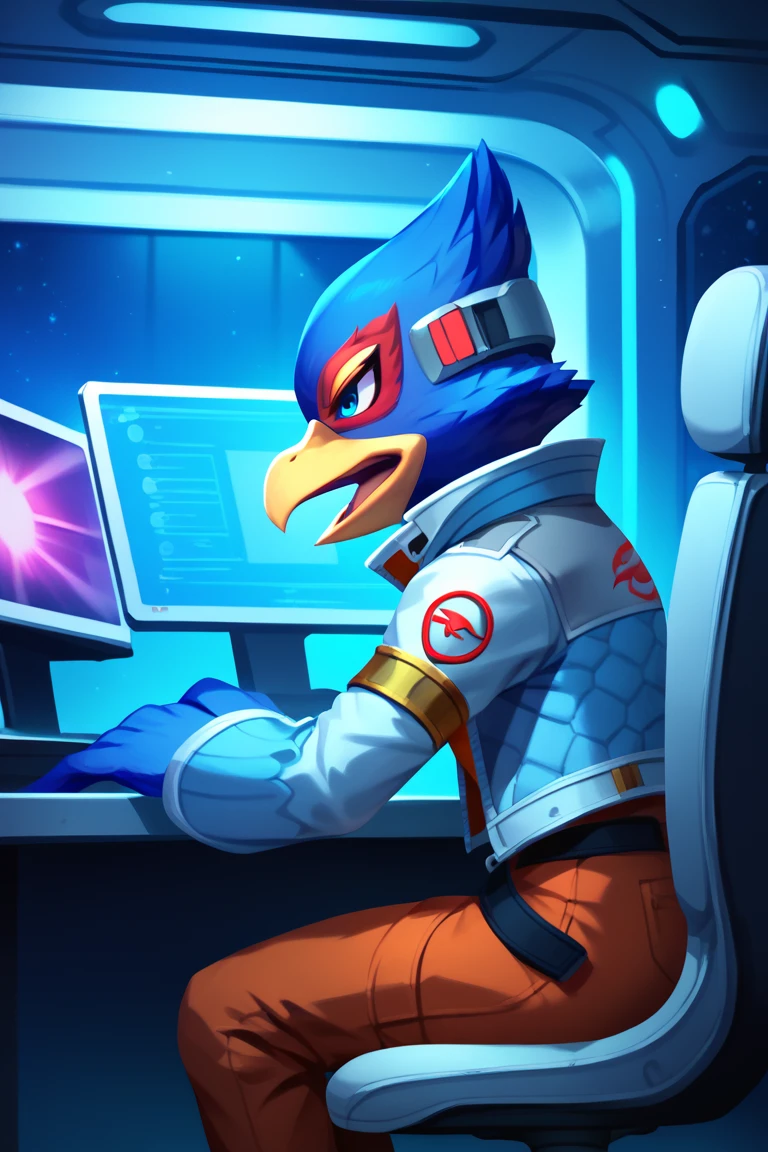 score_9, score_8_up, score_7_up, dcore_6_up, 1boy, solo, Falco lombardi, inside spaceship, beckoning, straight on, high quality, high resolution, furious, thoughtful expression, mouth wide open, eyes wide open, bending forward, sitting in chair, looking at computer, blue room, dark room, blue light,