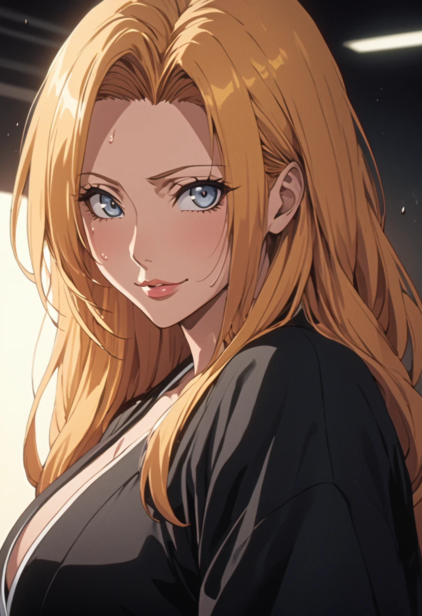 masterpiece, Highest quality, High resolution, 16K,(Matsumoto Rangiku),(BLEACH),1990s \(style\),G-cup beautiful breasts、height: 170cm,Sweating all over the body、Glowing Skin,Muscular,((sexy)),独奏,An innocent smile,Anime-style painting style, Blonde,long hair、Big eyes,Plump lips,Airy hairstyle,Black Kimono,Composition focusing on the upper body,A little bit realistic,Cinema Lighting