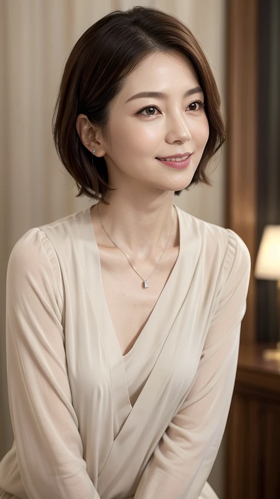 1 beautiful woman, high resolution, wallpaper 8K screen, top quality, realistic, super detailed, exquisite and perfect dynamic composition, (48 years old), (realistic skin texture), (overall skin fine lines: 1.3) , (dull skin: 1.1), (skin without moisture: 1.2), (wrinkles on the face: 0.9), (wrinkles at the corners of the eyes: 1.2), double eyelids, tear bags in the lower eyelids, eyes facing away, Serious expression, straight gaze, (dimples: 1.2), sharpness, dense and beautiful eyes, short hairstyle, thin hair, smile, short bangs, long hair, thin blouse with a wide neckline, flat chest, close to the waist Fitted flare pants, (portrait focusing on upper body), (angle from leg: 1.5),
