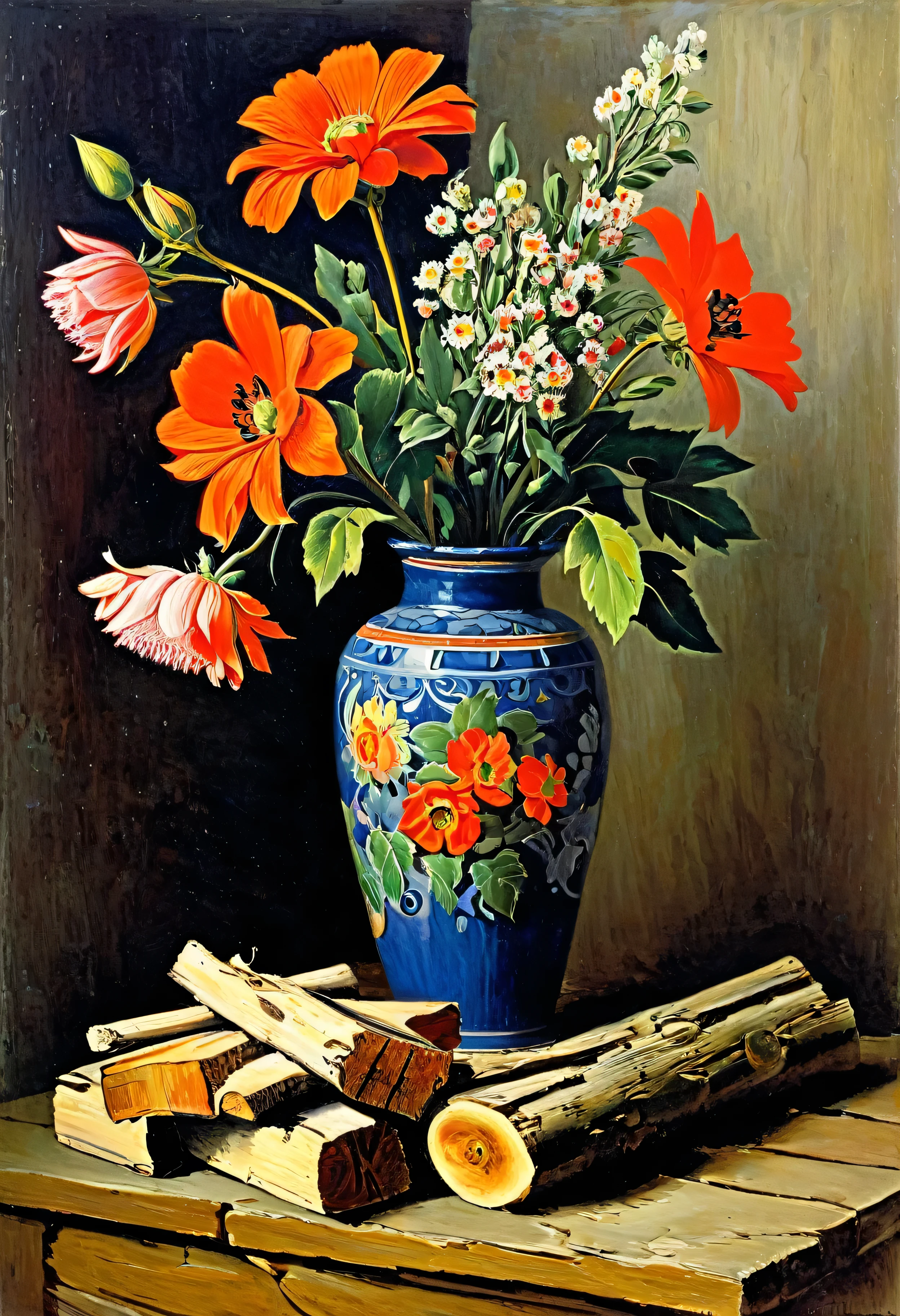 painting depicting a stack of firewood and a vase with flowers, Konstantin Zapadnikov, Stanislav Zhukovsky, Vasily Maximov, Igor Grabar, Konstantin Savitsky, Fyodor Slavyansky, Abram Arkhipov, Alexander Ivanovich Laktionov