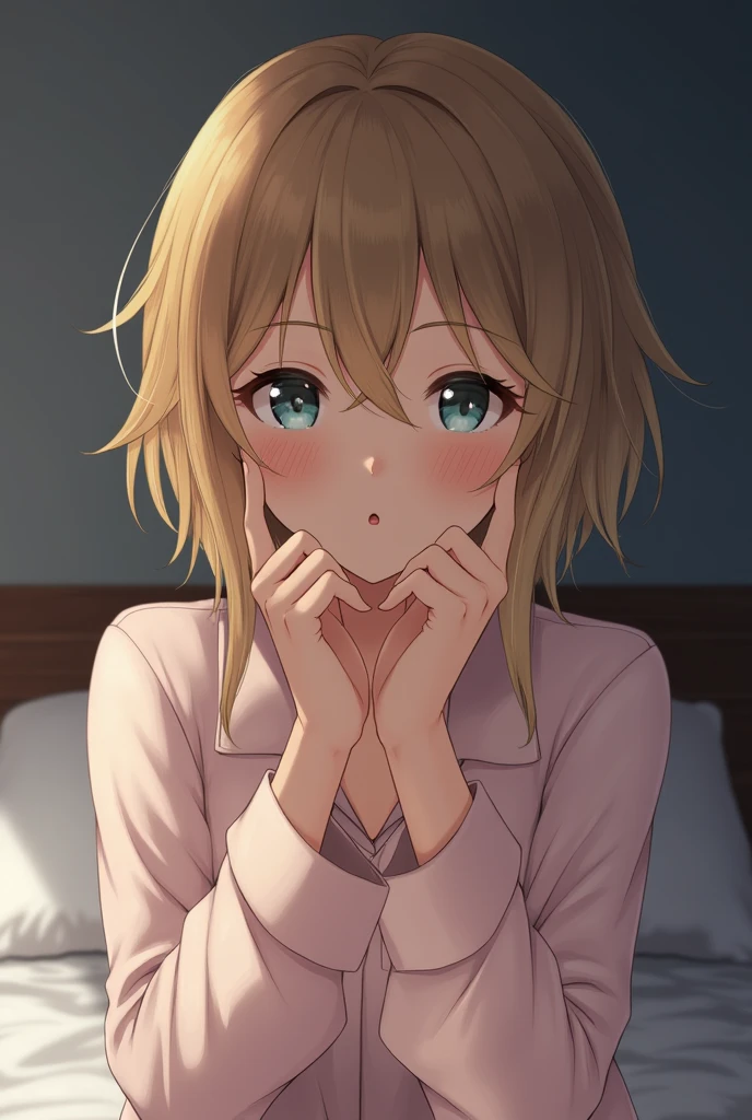 one,((A cute unbuttoned uniform))、(She is wearing a bra and low-rise panties as a setting.)、(Golden hair colour、Pale pink inner color hairstyle、Texture like after a bath), Beautiful Hair, Facial Contour, Remember, Hotel, moonlight、splash, Lens flare,, Natural Color, High resolution, Very delicate, Very detailed, 8k,、Shyness,((Sexual))、Lying on the bed、A facial expression of embarrassment and pleasure、Shy gesture、Angle of view from the foot、up