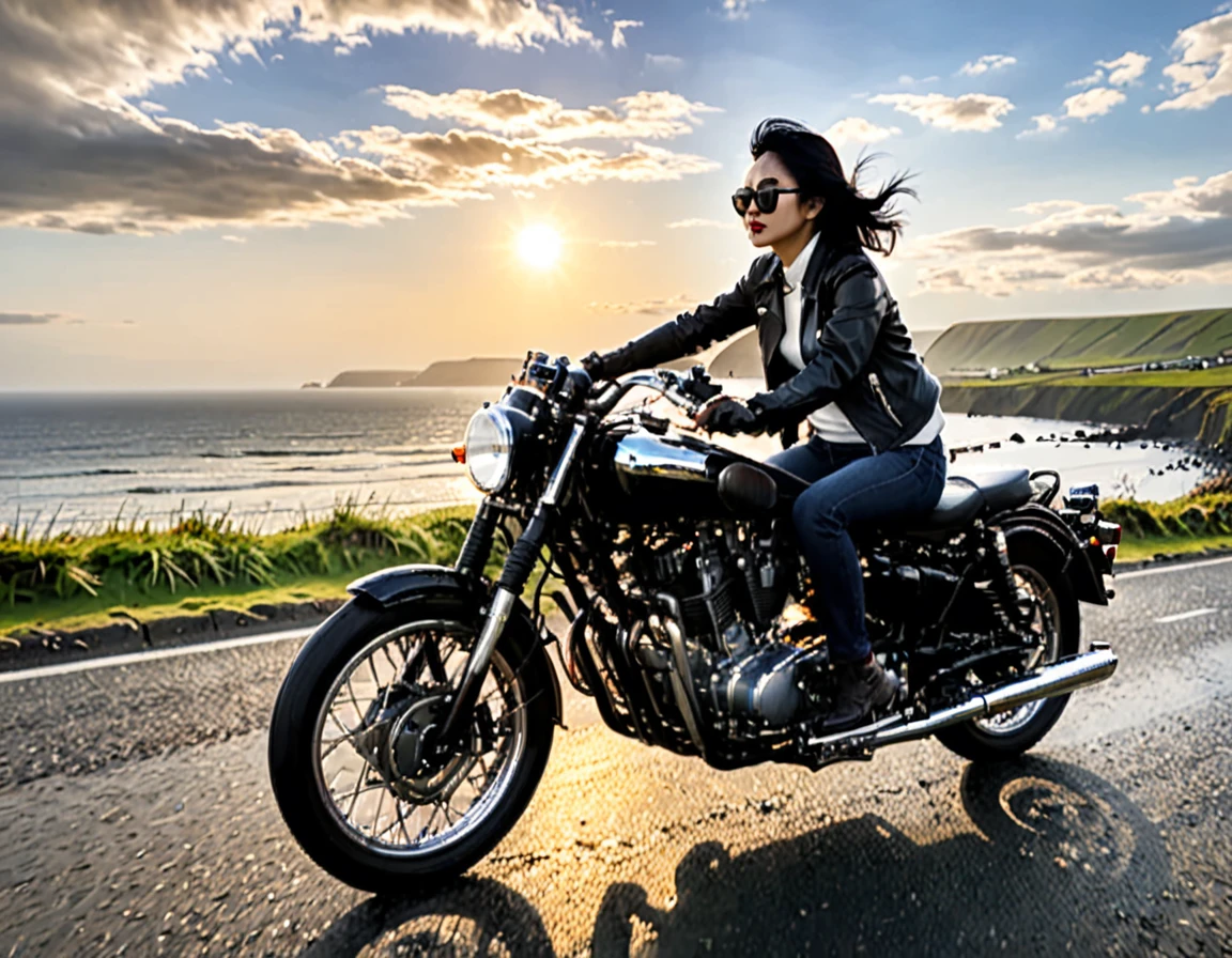 (Backlight:1.4)、(The motorcycle and rider are silhouetted in the setting sun.:1.4)、(The sun sets:1.2)、(Ride a classic motorcycle:1.2 )、(Vintage Bikes、Bluff Superior SS100)、Beautiful young Japanese woman、Beautiful Face, Black Hair, Short Bob Hair, Red classic leather jacket、sunglasses、(Accurate motorcycle shape)、(Photograph the entire motorcycle:1.2)、 BREAK Coastal road with ocean view、After the Rain、British coastal scenery、Blur the background、Artistic photography、Motion Blur、Realistic、High Contrast、(Highest quality, masterpiece, High resolution)、8k、wallpaper、