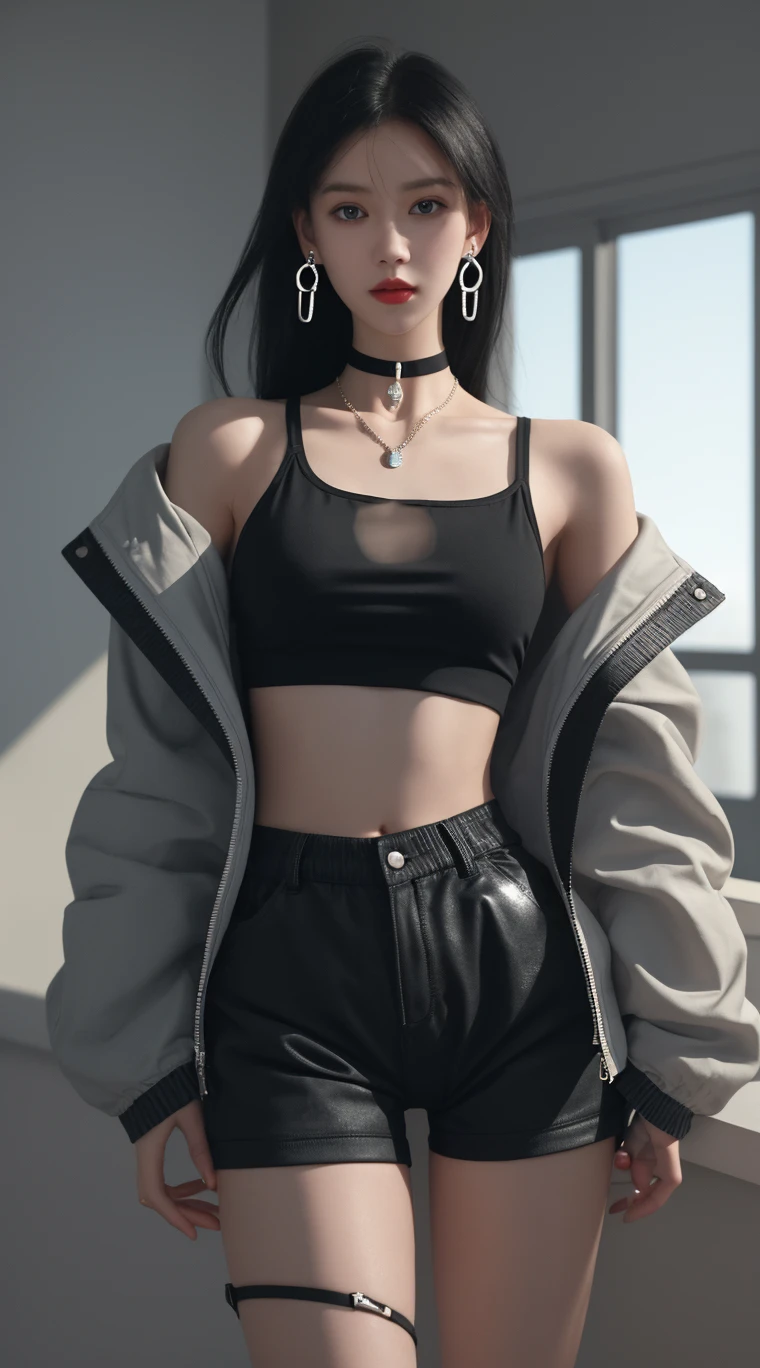 (incredibly absurdres, ultra-detailed, CG ,unity,8k wallpaper),(masterpiece),(realistic),(photorealistic:1.2),(raw photo:1.2), (best quality:1.2), (detailed face:1.4),(beautiful detailed eyes:1.2),(detailed hair), light on face, huge filesize,cinematic lighting, 1girl,sex,eyeliner,kawaii, student, long hair, brown hair, ((wavy hair)), hair ornament, ((light blush)), ((mole under eye)), ((expressionless eyes)), blue eyes, ((large breasts)),fashi-g, red lips, makeup,shirt lift, ((black sweater top, leggings)),(erection under clothes:1.3), bulge, penis bulge, (big thick penis:1.3), ((ab lines)), black kneehighs, jewellery, earrings, necklace, ((((standing)))), ((in the bathroom, looking at viewer, seductive, from front)), Depth of field, fantasy, high contrast, ink strokes, explosions, over exposure, purple and red tone impression, abstract