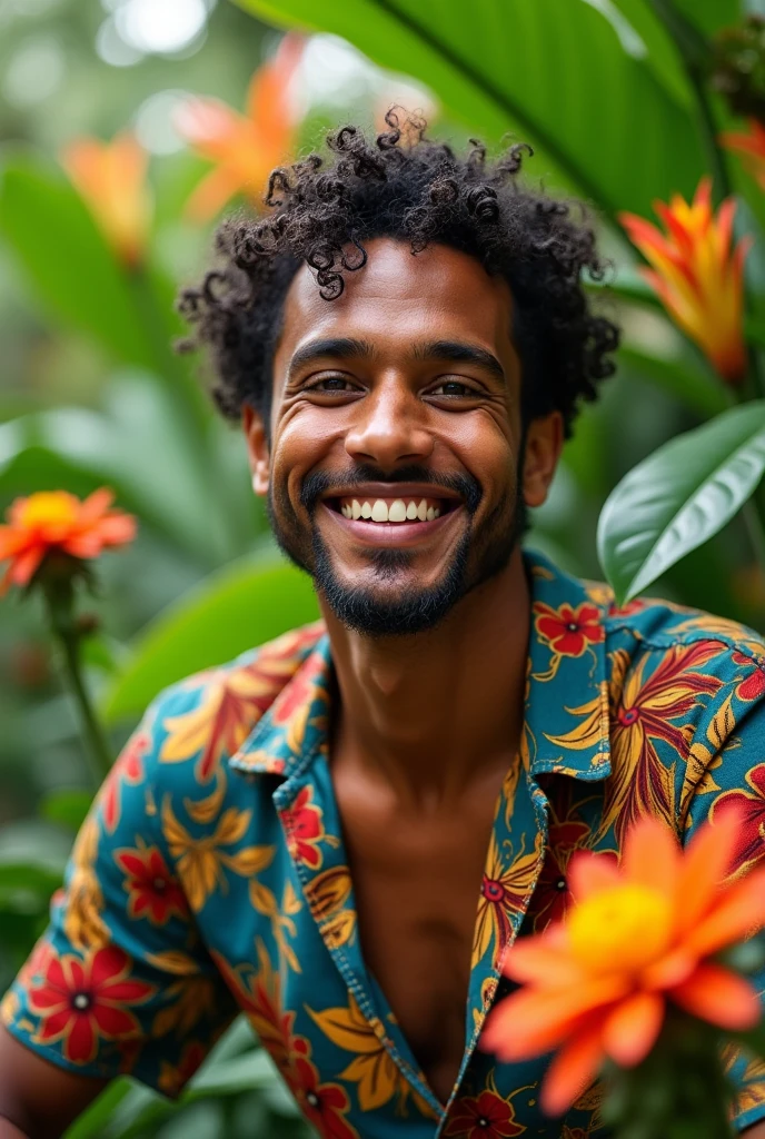 A Brazilian man in a lush tropical garden, hairless, with a close-up capturing the harmonious beauty between his penis and the natural flowers, showing off your natural charm and outgoing personality.