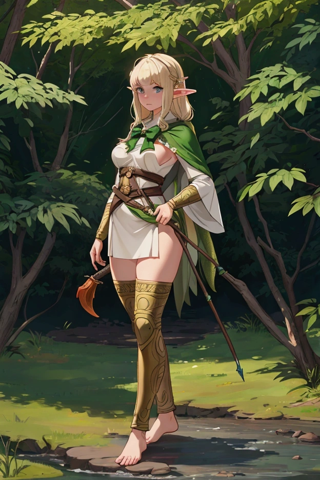 (((full body photo))(masterpiece, best quality), (full body:1.6), standing (small fighting elven 1girl:1.6),(magical),(cute,adorable:1.3),blonde hair, green eyes, medium breast, beautiful, detailed, enchanted breastplate with precious gemstones, white thigh-high greaves, seductive pose, in a forest, magic flora, detailed face and eyes, volumetric light,(ultra quality skin:1.7),