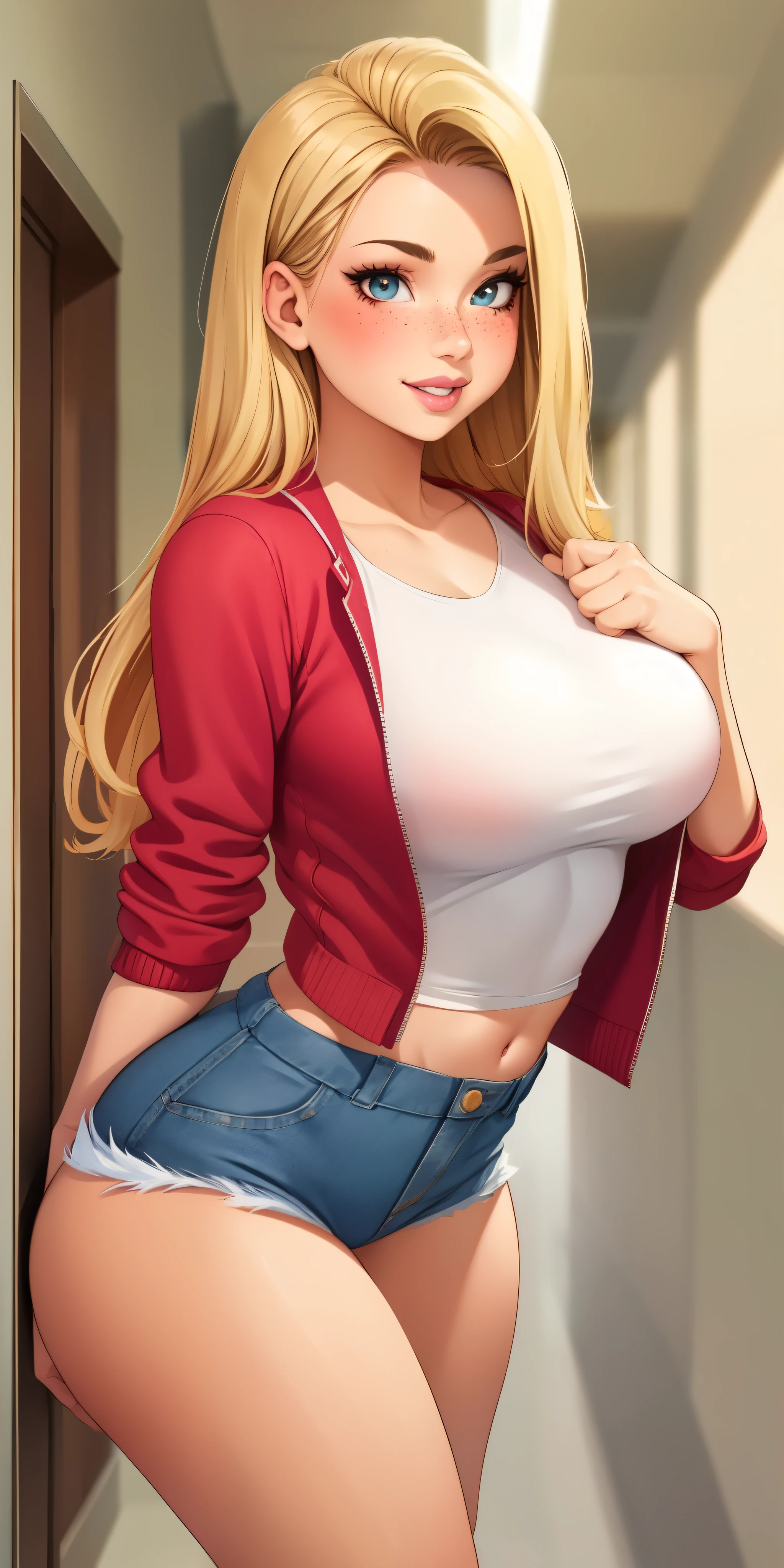 Beautiful round medium breasts, 1girl, ((Blonder hair, Beautiful straight hair, Hair parted on the right side)) ((Girl, cute girl face)) light azuis eyes, has an beautiful sensual body with freckles, with full breasts and thin waist, HIP HOP Beautiful and cute Red jacket, long denim shorts, fabric delicate, has a bold appearance. young, quality, realistic, best quality, cute expression, pink lipstick lips, Cute smile, leaning, In the building hallway, in a pose