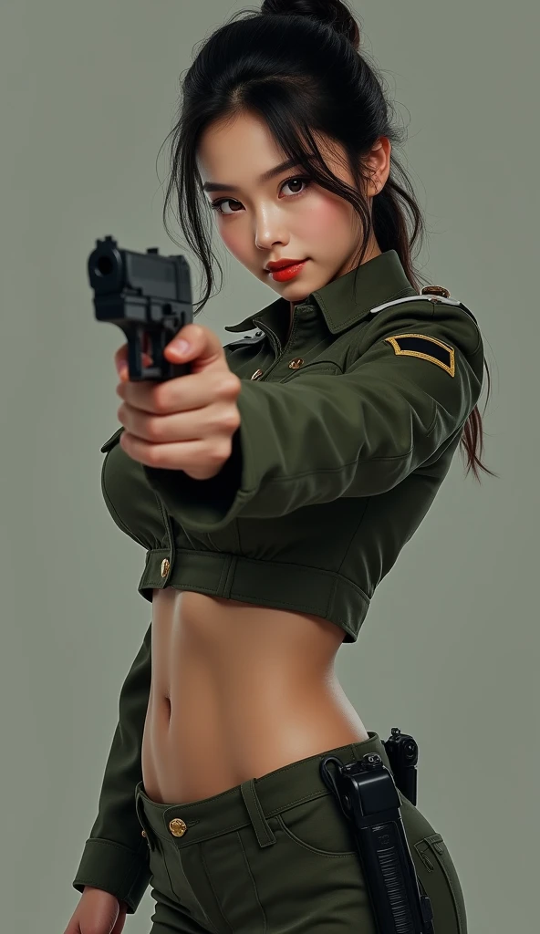 Sexy black long-haired female warrior，miltary，Armed personnel，Wearing a naked，full bodyesbian，Pose from head to toe，Big breasts and big buttocks，Big breasts and fat buttocks，Very exposed，Leak points，Lewdness，Firearms weapons，Shooting，survive，with rifle, infantry girls,bandagens, military girl