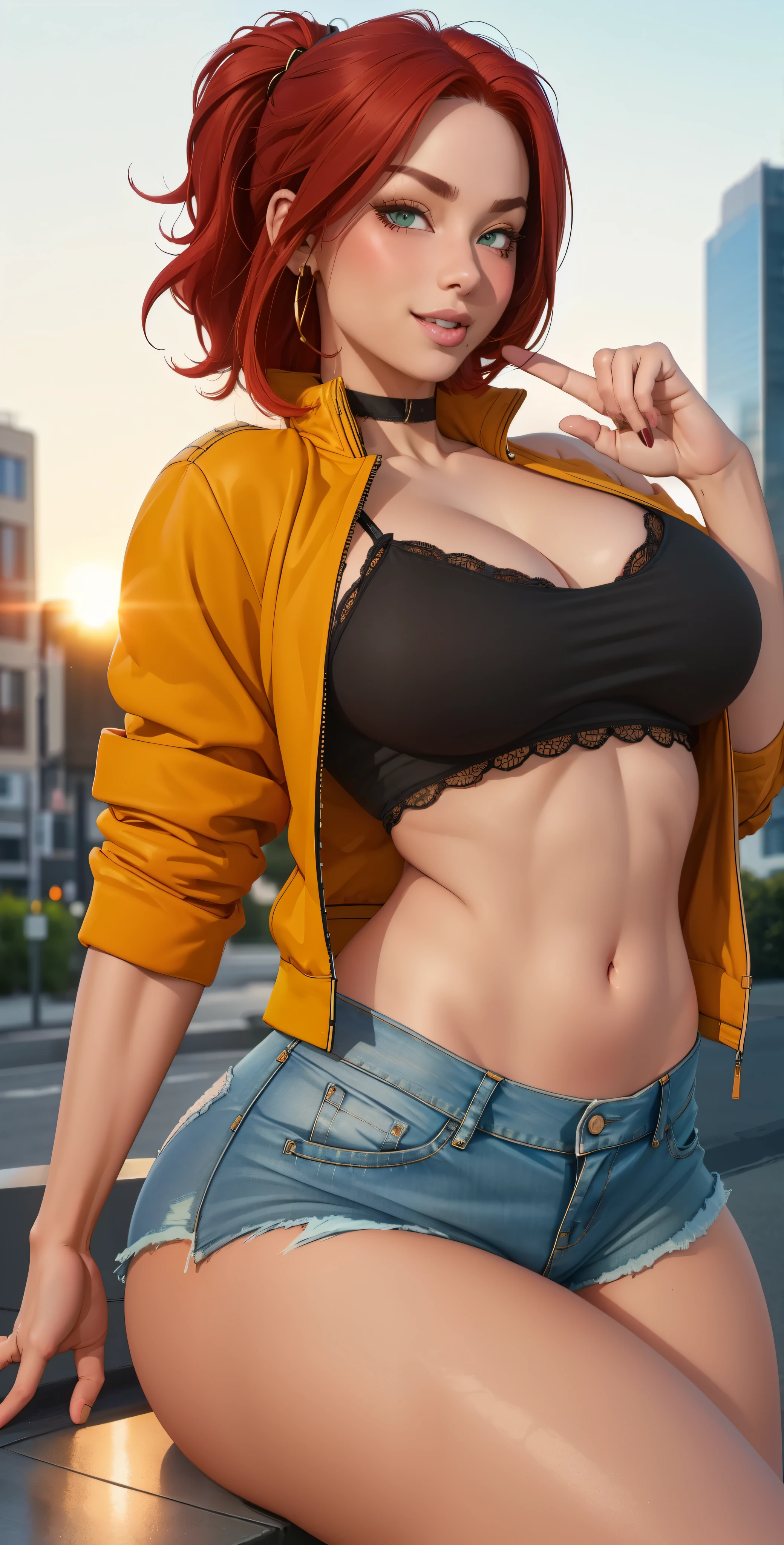 minayle, 1girl, solo, long hair, breasts, looking at viewer, smile, large breasts, simple background, navel, green eyes, swimsuit, braid, bikini, thighs, red hair, armpits, orange hair, arms up, lips, strapless, underboob, thick thighs, arms behind head, curvy, bandana, bandeau, yellow bikini, strapless bikini <lora:Minayle-10 (1):0.8>