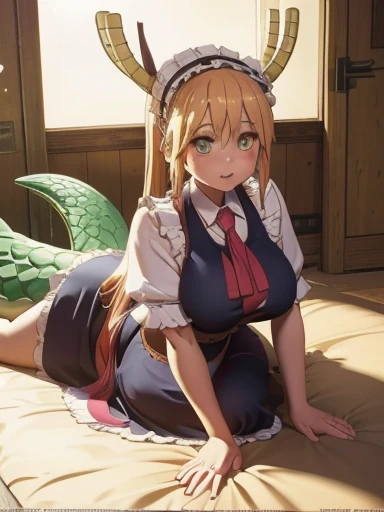 Nsfw imagen 1.2 high resolution wallpaper full body display , cute face beautiful girl busty looking at viewer, cute face, blonde hair long, horns dragon, 