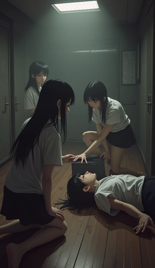 Group of smiling school girls in long black skirts and long hair crouching sitting stabbing boy on bathroom floor with knives