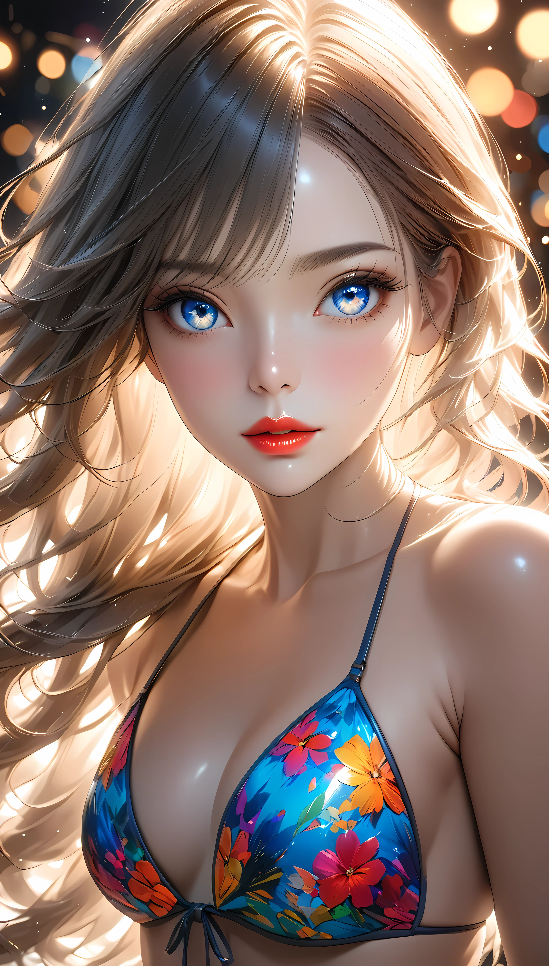 beautiful detailed eyes, beautiful detailed lips, extremely detailed eyes and face, long eyelashes, 1 girl, alone, bikini, captivating eyes, backlit, 8k, HDR, UHD, studio lighting, ultra-fine painting, sharp focus, physically-based rendering, extreme detail description, professional, vivid colors, bokeh, photorealistic, masterpiece:1.2, NRART, ARW