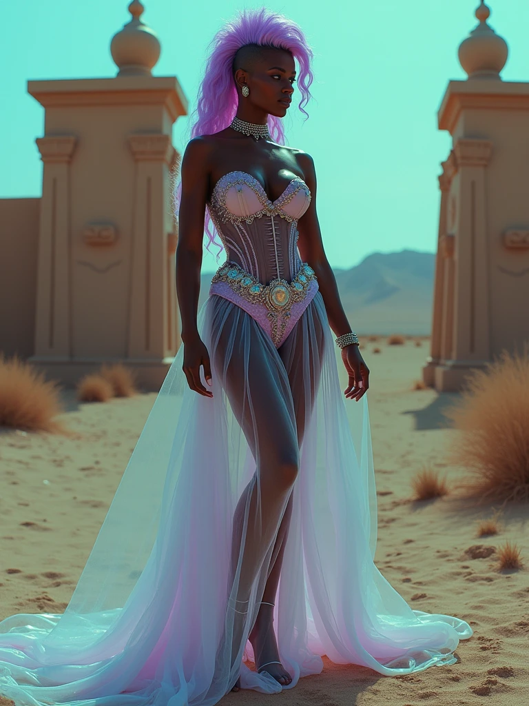 Highest quality, full body detail, golden ratio, standing barefoot, dark genie (mixed race, pretty, dark skin) (wearing a translucent white nightdress), long purple hair on the head, ultra-realistic, clear details, (full body), 8k, (original), cg, skin scales, obsession, darkness, fracture, masterpiece, original photo, sfw, dirty (0.8), (super detail), sharp focus, color, 8k 8mm, shiny gel, battle of shadows
