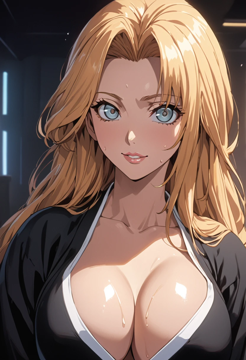 masterpiece, Highest quality, High resolution, 16K,(Matsumoto Rangiku),(BLEACH),1990s \(style\),G-cup beautiful breasts、height: 170cm,Sweating all over the body、Glowing Skin,Muscular,((sexy)),独奏,An innocent smile,Anime-style painting style, Blonde,long hair、Big eyes,Plump lips,Airy hairstyle,Black Kimono,Composition focusing on the upper body,A little bit realistic,Cinema Lighting