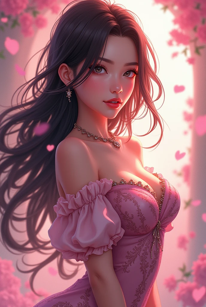 (masterpiece, best quality), photorealistic illustration, mature woman, flower dress, colorful, darl background,flower armor, complementary colors theme,