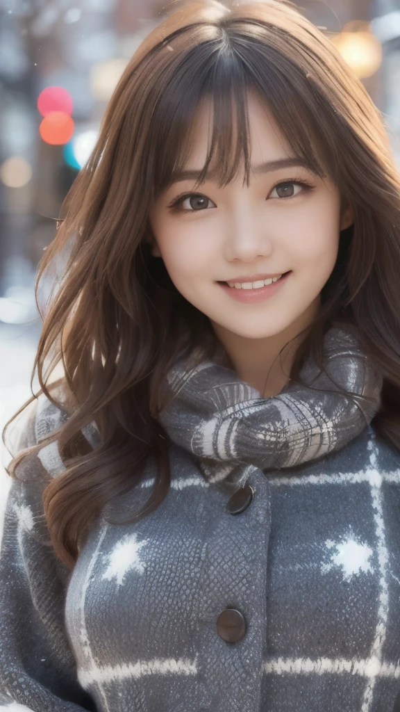 8k,Highest quality,(masterpiece:1.2),(Realistic),(Realistic:1.37),Ultra-high resolution,1 female college student,smile,Wavy Hair,Beautiful Eyes,Beautiful teeth alignment, Snow falling in town,(((Winter clothes))),Big Breasts,Perfect body,Perfect Fingers,Professional Lighting,gravure,Detailed face and skin texture,fine grain,RAW Photos