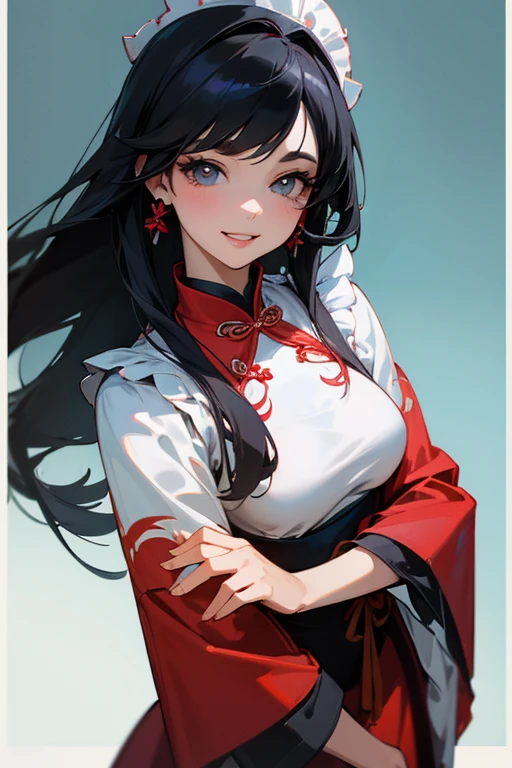 (Highest Resolution, clear_image) Highest quality, single, One woman, alone, masterpiece, Very detailed, Semi-realistic, Black Hairのショートヘア, Black Hair, bangs, 1, mature, Light blue , Indoor Background, kind, Authoritative, Powerful, exquisite features, exquisite features、Eyelashes become longer、Showing teeth、smile😀、Red Chinese Dress Maid、woman&#39;Fingers in the、Long Hair、Fluttering in the wind、