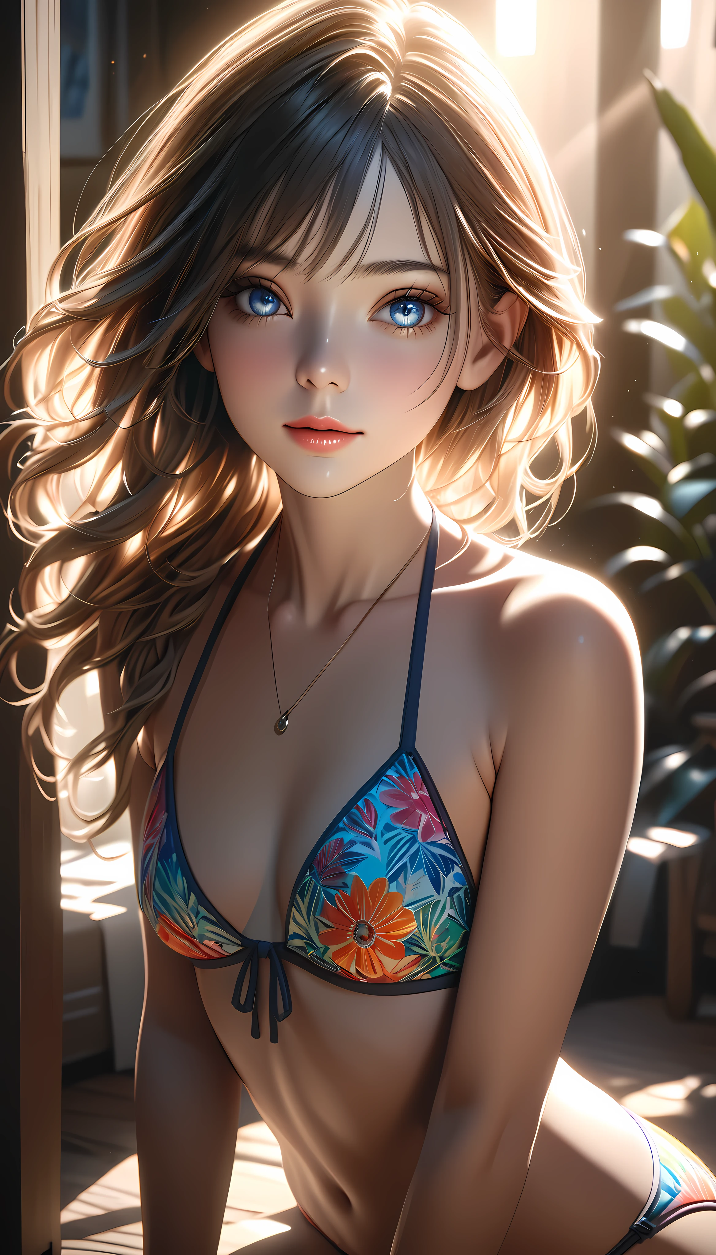 a beautiful young woman in a bikini, solo, detailed eyes, backlighting, ARW, (best quality,4k,8k,highres,masterpiece:1.2),ultra-detailed,(realistic,photorealistic,photo-realistic:1.37),intricate details,vivid colors,cinematic lighting,soft focus,elegant pose,serene expression,dramatic shadows,volumetric lighting