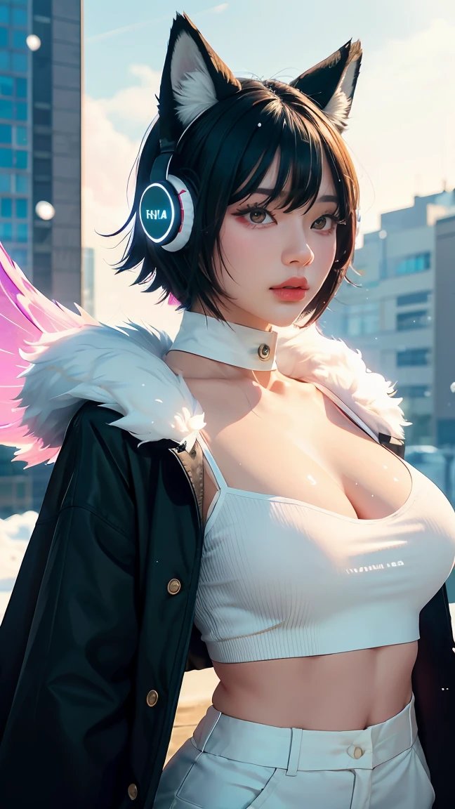 White fox, pink eyes, Pubic tattoo, Uterine tattoos, short hair, black hair, coat, Young woman, Transvestite, furry, night city, glowing eyes, no feelings, Long tail, shirt collar, Masterpiece, Puppet, Bat Wings, shy, White headphones, Foxtail, Highest quality, Core, slime Core, White body, Name Snow, Foxtail, Black tail, Transfer Fox, 2 young men(Snow Fox), , open shirt,