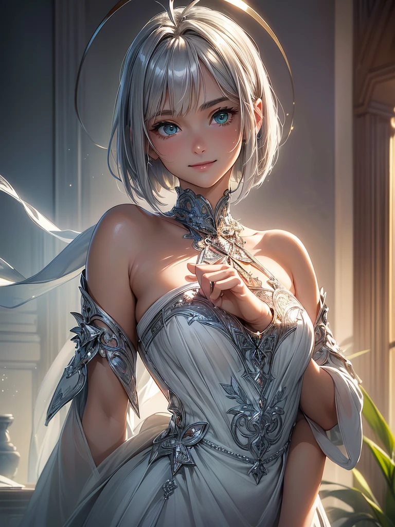 Sleet(Blue base color, white hair)、(Medium Hair)、White skin、Long sleeve off shoulder、resolution, unity 8k wallpaper, (figure:0.8), (Detailed and beautiful eyes:1.6), Highly detailed face, Perfect lighting, Extremely detailed CG, (Perfect hands, Perfect Anatomy), , t