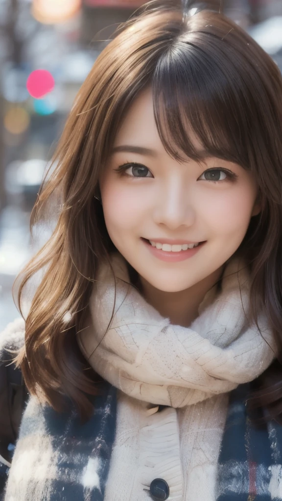 8k,Highest quality,(masterpiece:1.2),(Realistic),(Realistic:1.37),Ultra-high resolution,1 female college student,smile,Wavy Hair,Beautiful Eyes,Beautiful teeth alignment, Snow falling in town,(((Winter clothes))),Big Breasts,Perfect body,Perfect Fingers,Professional Lighting,gravure,Detailed face and skin texture,fine grain,RAW Photos