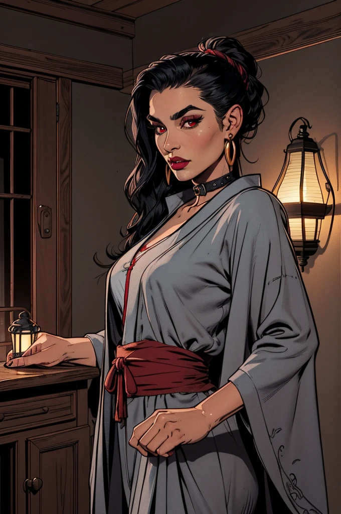 (extremely detailed 8k wallpaper), dark theme, Vampire the Masquerade, modern horror, 2020s, mature black transgender woman, wearing hippie red dress shirt with long black skirt, sharp focus, (subsuperficial scattering:1.1), award-winning photography, centered face, Nicole Scherzinger's face, ear piercings, various body tattoos, half-body photo:1.1, long black hair, heavy hippie eye makeup, supernatural red eyes:1.2, expression of derision, classroom with students, dramatic lighting