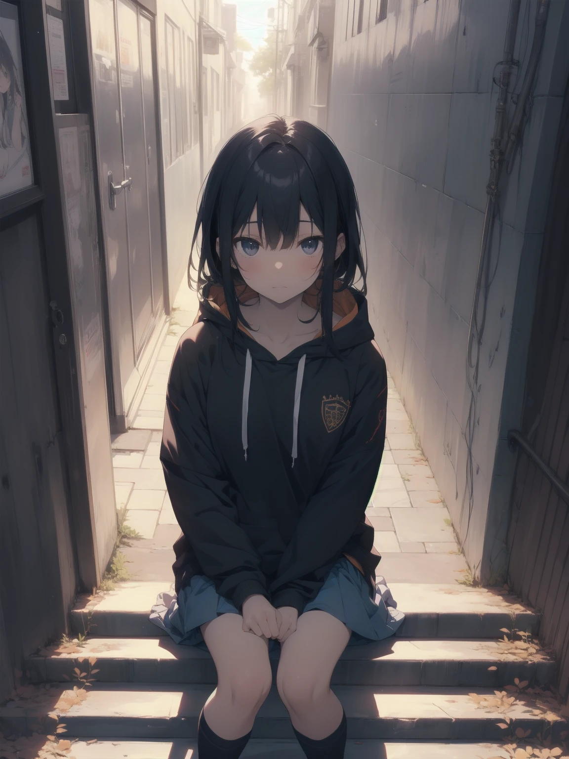 [(Beautiful young girl) (short black hair) (blue eyes) (flat chest)]  ([high Definition] [correct anatomy]): (in stairs in a school) (wearing scholar  uniform) (crouching ) (white panties) (peeing)