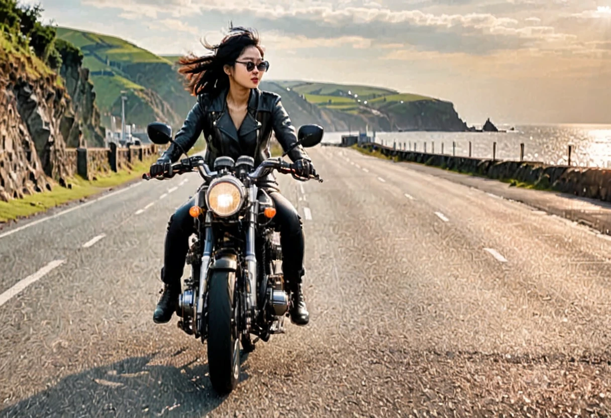 (Backlight:1.4)、(The motorcycle and rider are silhouetted in the setting sun.:1.4)、(The sun sets:1.2)、(Ride a classic motorcycle:1.2 )、(Vintage Bikes、Bluff Superior SS100)、Beautiful young Japanese woman、Beautiful Face, Black Hair, Short Bob Hair, Red classic leather jacket、sunglasses、(Accurate motorcycle shape)、(Photograph the entire motorcycle:1.2)、 BREAK Coastal road with ocean view、After the Rain、British coastal scenery、Blur the background、Artistic photography、Motion Blur、Realistic、High Contrast、(Highest quality, masterpiece, High resolution)、8k、wallpaper、