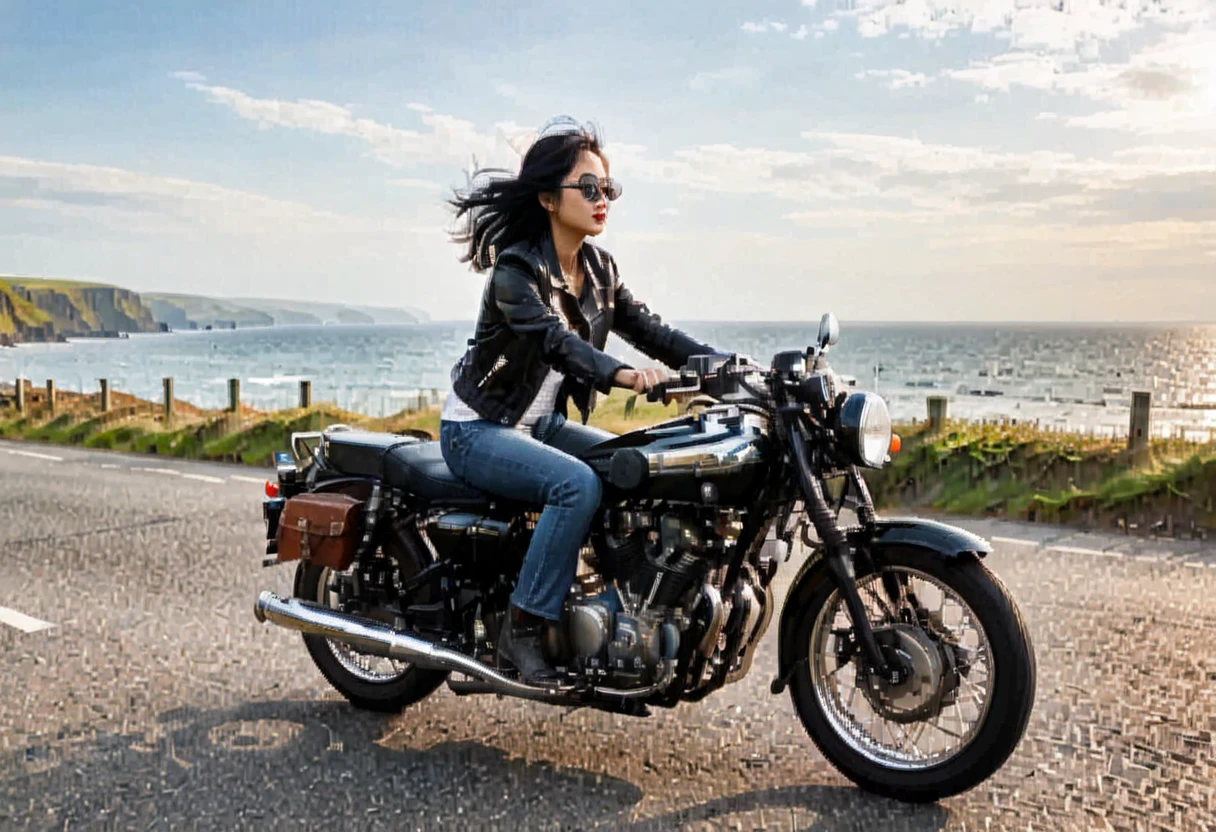 (Backlight:1.4)、(The motorcycle and rider are silhouetted in the setting sun.:1.4)、(The sun sets:1.2)、(Ride a classic motorcycle:1.2 )、(Vintage Bikes、Bluff Superior SS100)、Beautiful young Japanese woman、Beautiful Face, Black Hair, Short Bob Hair, Red classic leather jacket、sunglasses、(Accurate motorcycle shape)、(Photograph the entire motorcycle:1.2)、 BREAK Coastal road with ocean view、After the Rain、British coastal scenery、Blur the background、Artistic photography、Motion Blur、Realistic、High Contrast、(Highest quality, masterpiece, High resolution)、8k、wallpaper、