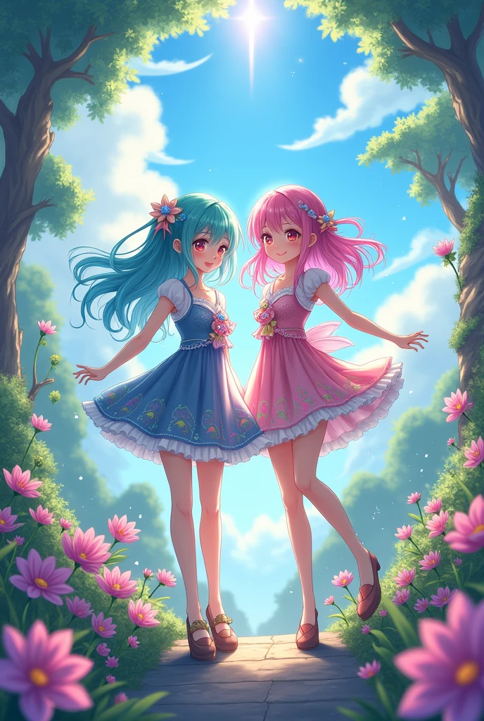 Stand in front of the photo、1girl in,Full body, rainbow color Hair,long boots,A slight smil、kawaii pose、Flowing iridescent silk、up of face、Eye Up、Colorcon with heart pattern、Floral dress、There are flowers even in front of you、flower petals、season!!: autumnal☀ 🍂
