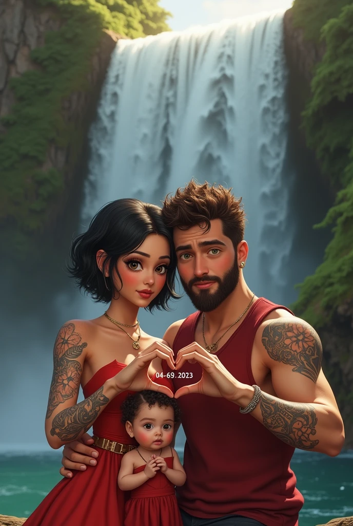 A Disney-style 3D movie poster from pixar with the text "Matt & Bia" A couple holding hands, the boy Pele brunette and with a backwards cap with round glasses, and with muscles, And a tattoo on the right shoulder tattoo It's a ball with wolf, olhos castanhos, A menina com cabelos longos, olhos castanhos, queixo fino, nariz empinado, e altura de 1,80