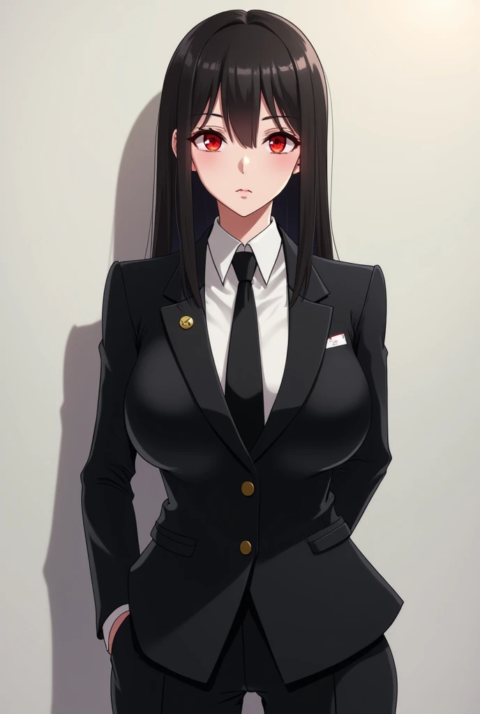 ((Best Quality)), ((masutepiece)), (Detailed), (highlight), Perfect face Young girl with detailed face showing cleavage、Red eyes and long, thick, glossy, beautiful black hair with blunt bangs、Single-color background、Standing wearing school uniform with blazer and miniskirt、