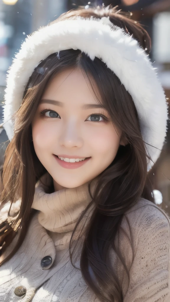 8k,Highest quality,(masterpiece:1.2),(Realistic),(Realistic:1.37),Ultra-high resolution,1 female college student,smile,Wavy Hair,Beautiful Eyes,Beautiful teeth alignment, Snow falling in town,(((Winter clothes))),Big Breasts,Perfect body,Perfect Fingers,Professional Lighting,gravure,Detailed face and skin texture,fine grain,RAW Photos