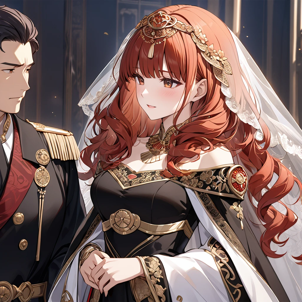 ((Highest quality)), ((masterpiece)), (detailed), （Perfect Face）、The woman is a Celica with red hair.、The woman is wearing a black wedding dress with rich gold embroidery and trim, and a black wedding veil.、The woman is getting married to an old, strong, emperor man.