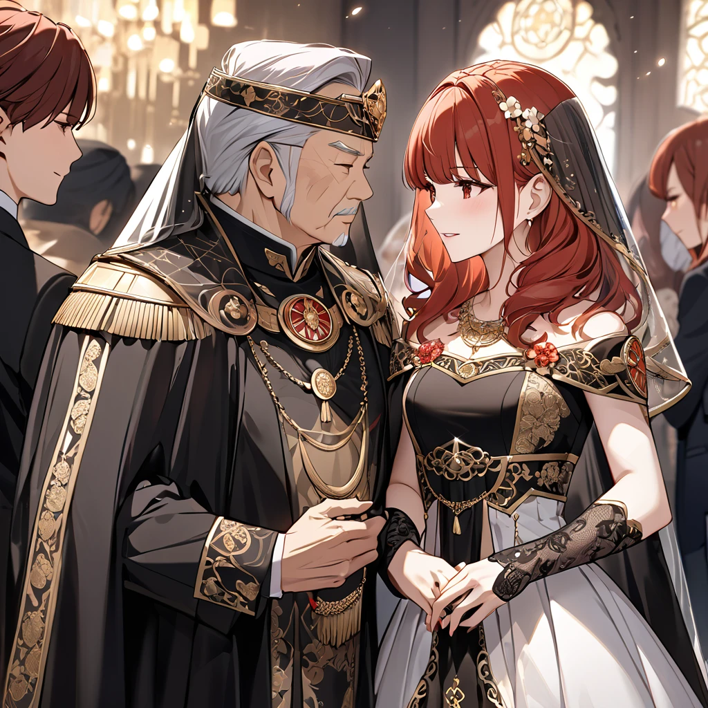 ((Highest quality)), ((masterpiece)), (detailed), （Perfect Face）、The woman is a Celica with red hair.、The woman is wearing a black wedding dress with rich gold embroidery and trim, and a black wedding veil.、The woman is getting married to an old, strong, emperor man.